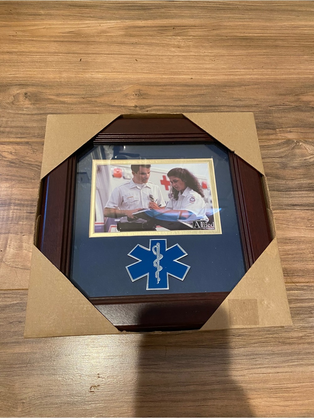 EMS Picture Frame with Blue Star of Life and Dark Brown Frame